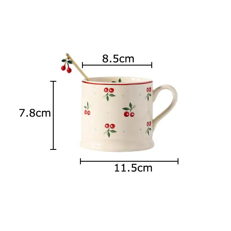 Cream cherry porcelain coffee mug with gold spoon – dining room tableware