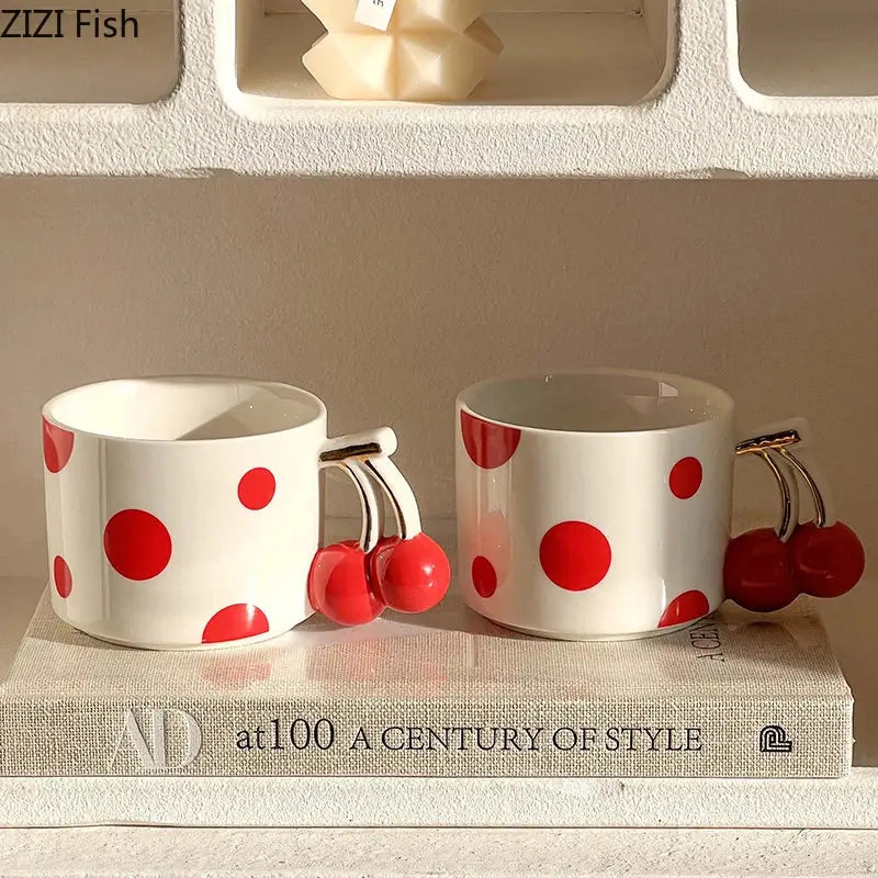 Decorbites cherry porcelain red polka dot mug kitchen teacup