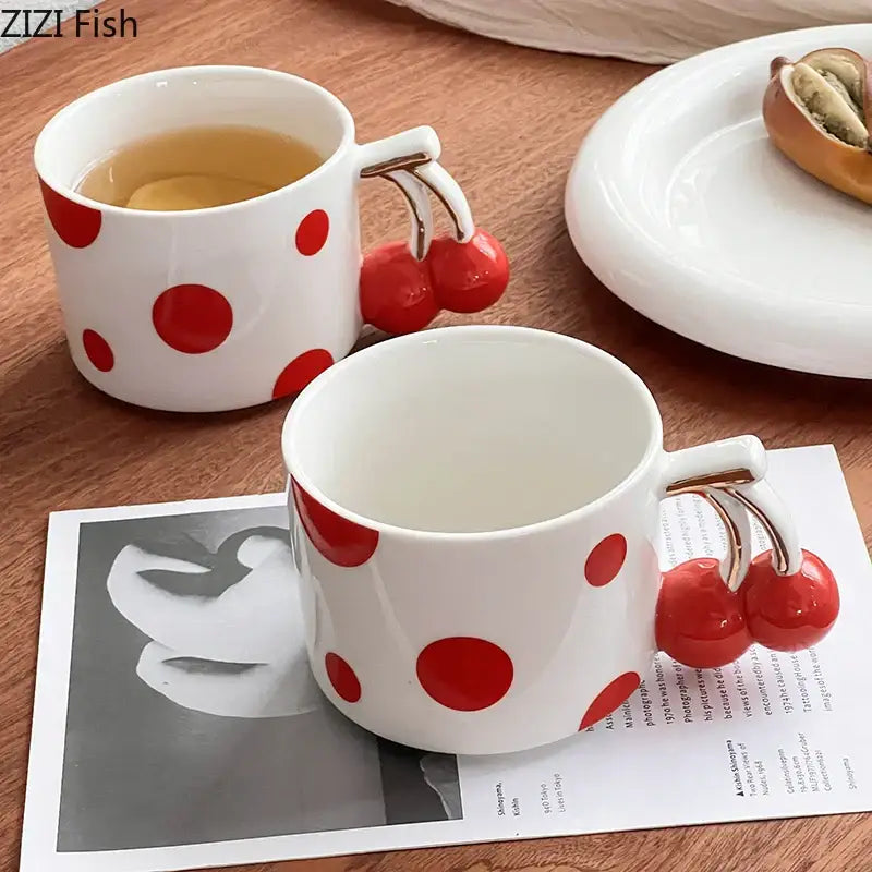 Decorbites cherry porcelain red polka dot mug kitchen teacup