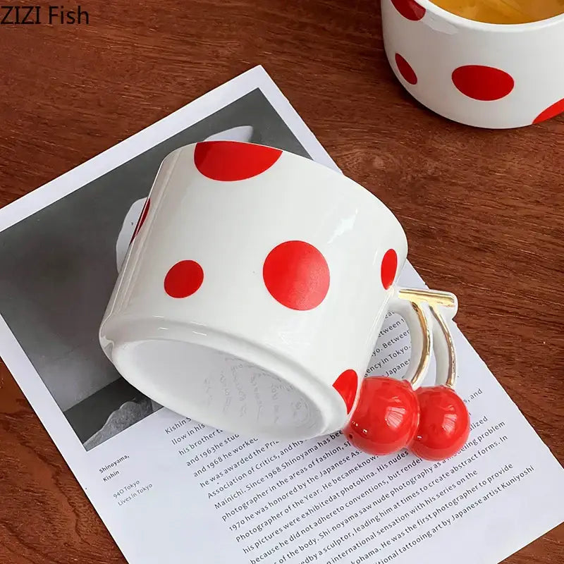 Decorbites cherry porcelain red polka dot mug kitchen teacup