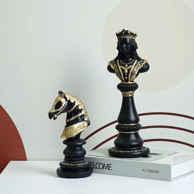 Regal black & gold resin chess figurines living room decor