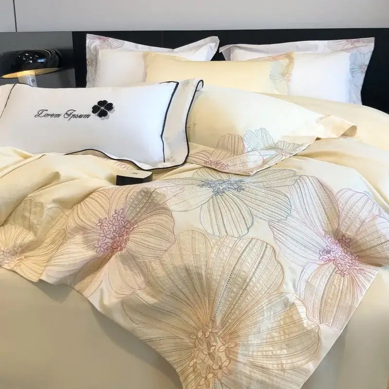 Chic embroidered light blue and gold bedding set bedroom decor
