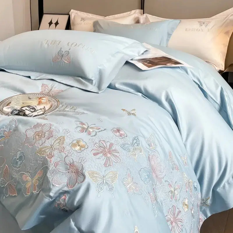 Chic embroidered light blue and gold bedding set bedroom decor