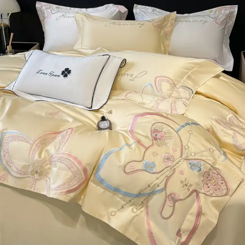 Chic embroidered light blue and gold bedding set bedroom decor