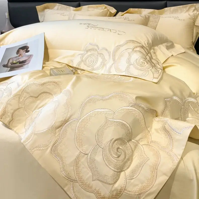 Chic embroidered light blue and gold bedding set bedroom decor