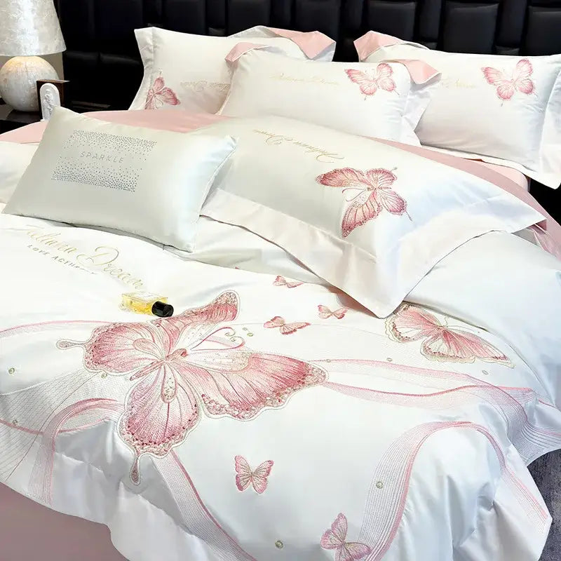 Chic embroidered light blue and gold bedding set bedroom decor