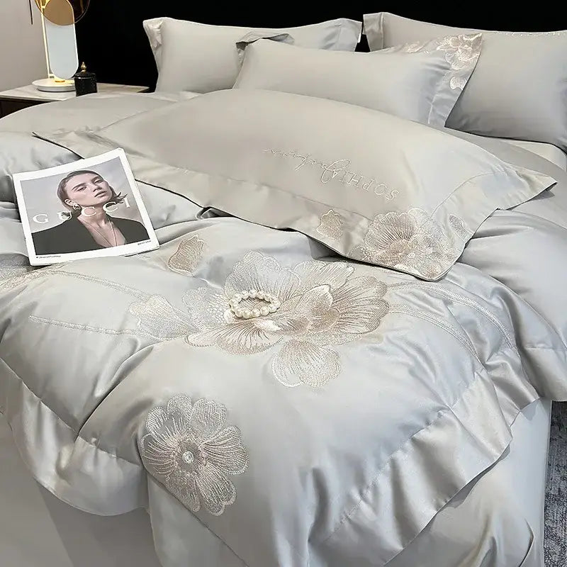 Chic embroidered light blue and gold bedding set bedroom decor
