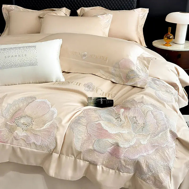 Chic embroidered light blue and gold bedding set bedroom decor