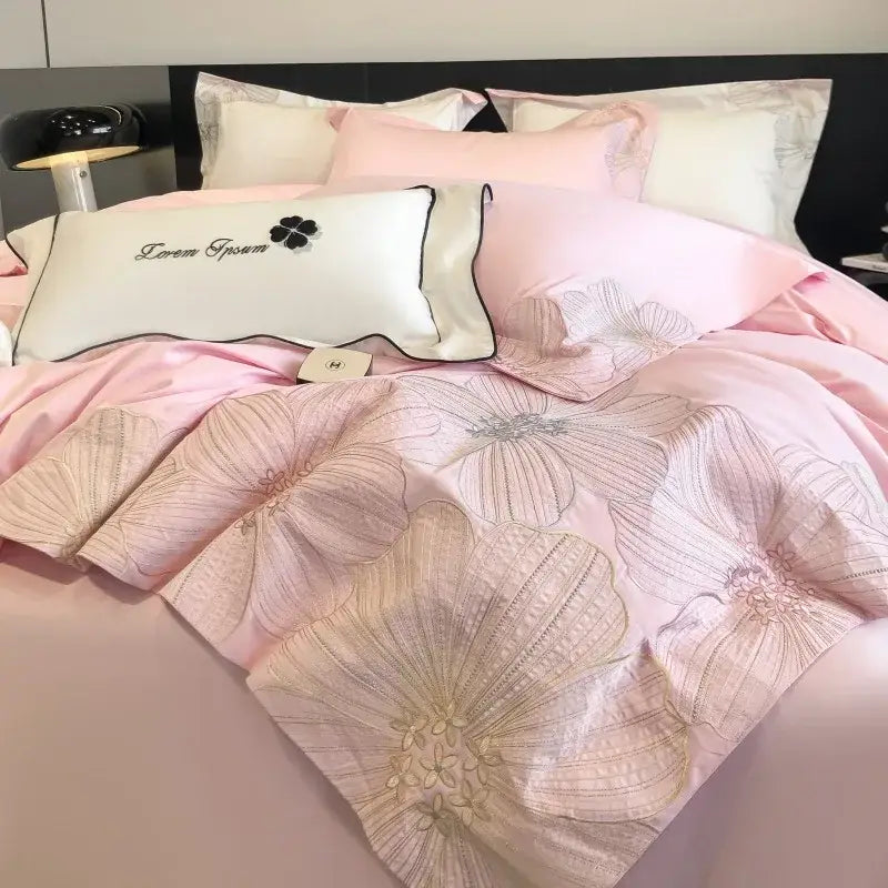 Chic embroidered light blue and gold bedding set bedroom decor