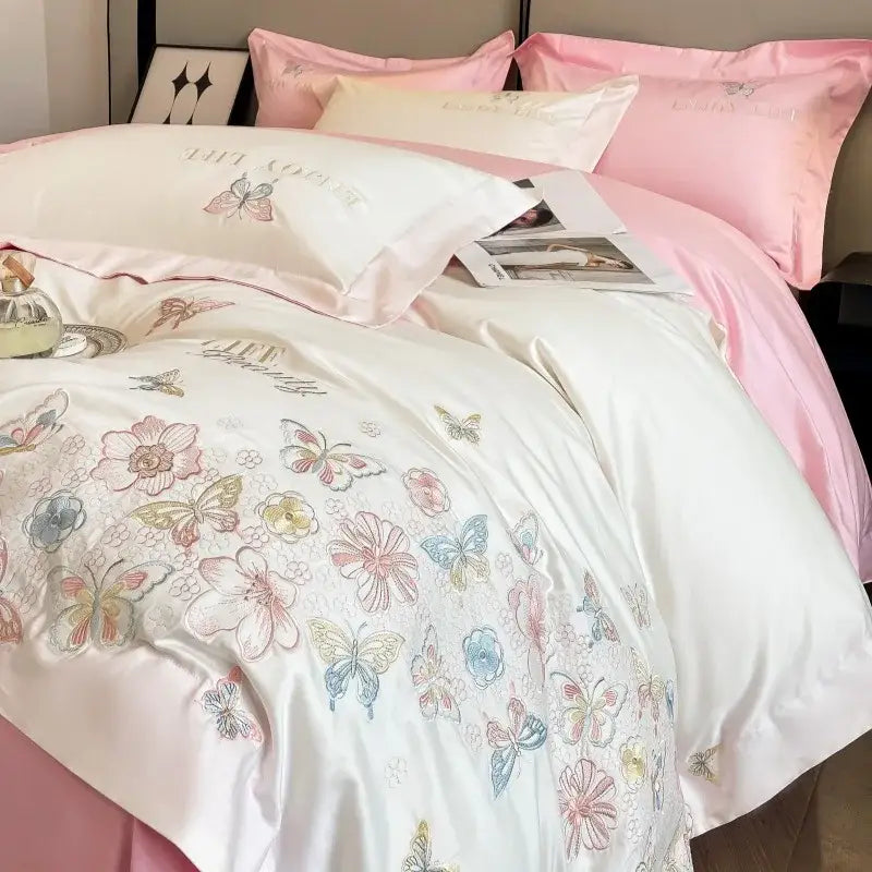 Chic embroidered light blue and gold bedding set bedroom decor