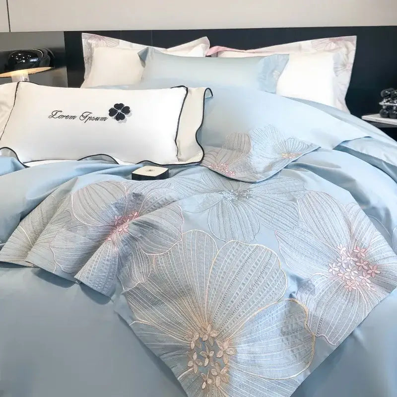 Chic embroidered light blue and gold bedding set bedroom decor