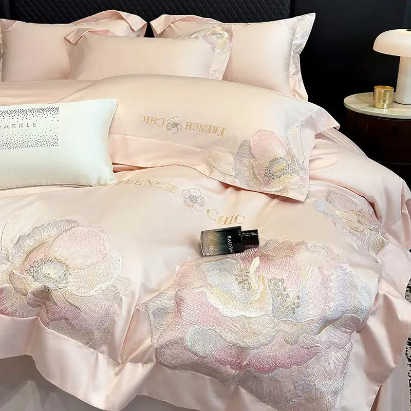 Chic embroidered light blue and gold bedding set bedroom decor