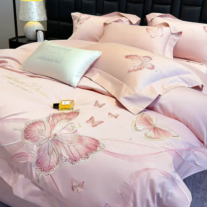 Chic embroidered light blue and gold bedding set bedroom decor