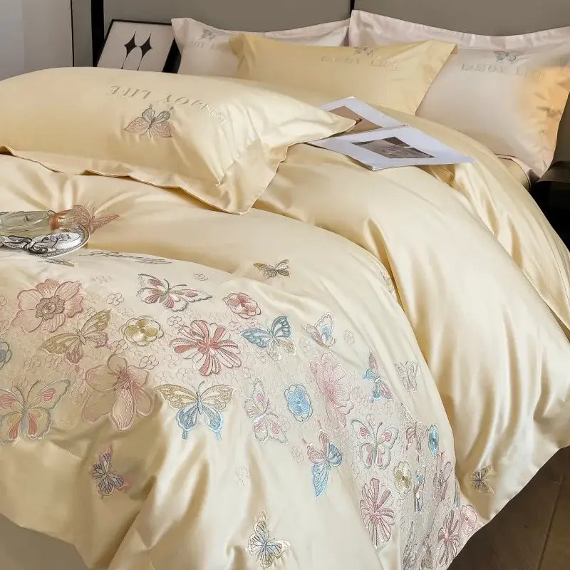 Chic embroidered light blue and gold bedding set bedroom decor