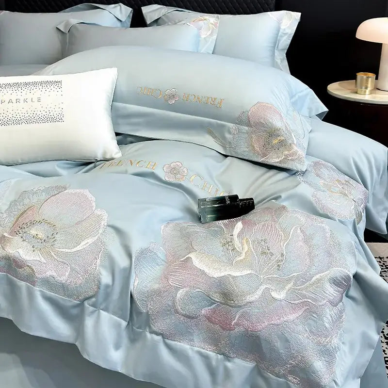 Chic embroidered light blue and gold bedding set bedroom decor