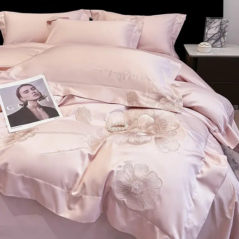 Chic embroidered light blue and gold bedding set bedroom decor