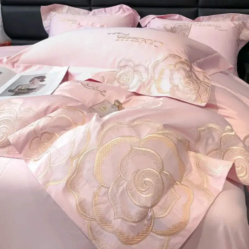 Chic embroidered light blue and gold bedding set bedroom decor