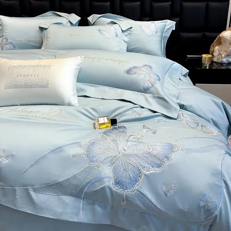 Chic embroidered light blue and gold bedding set bedroom decor