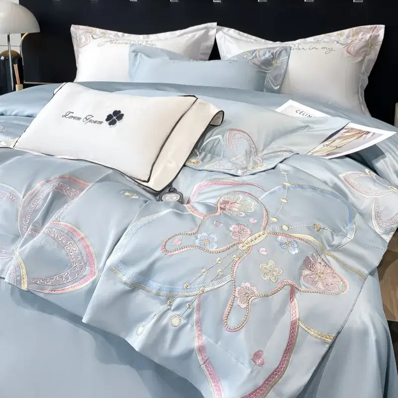 Chic embroidered light blue and gold bedding set bedroom decor