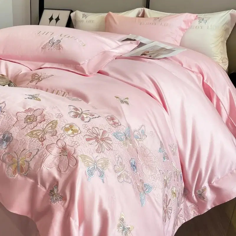 Chic embroidered light blue and gold bedding set bedroom decor