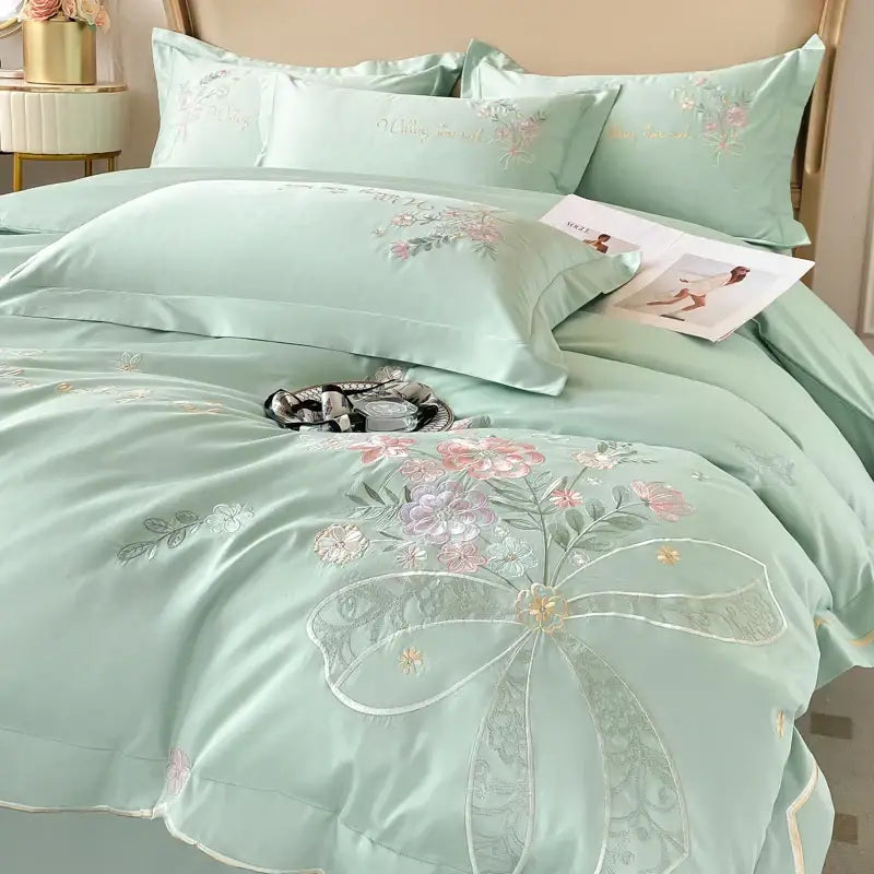 Chic flowers embroidery bedding set cream cotton bedroom duvet cover
