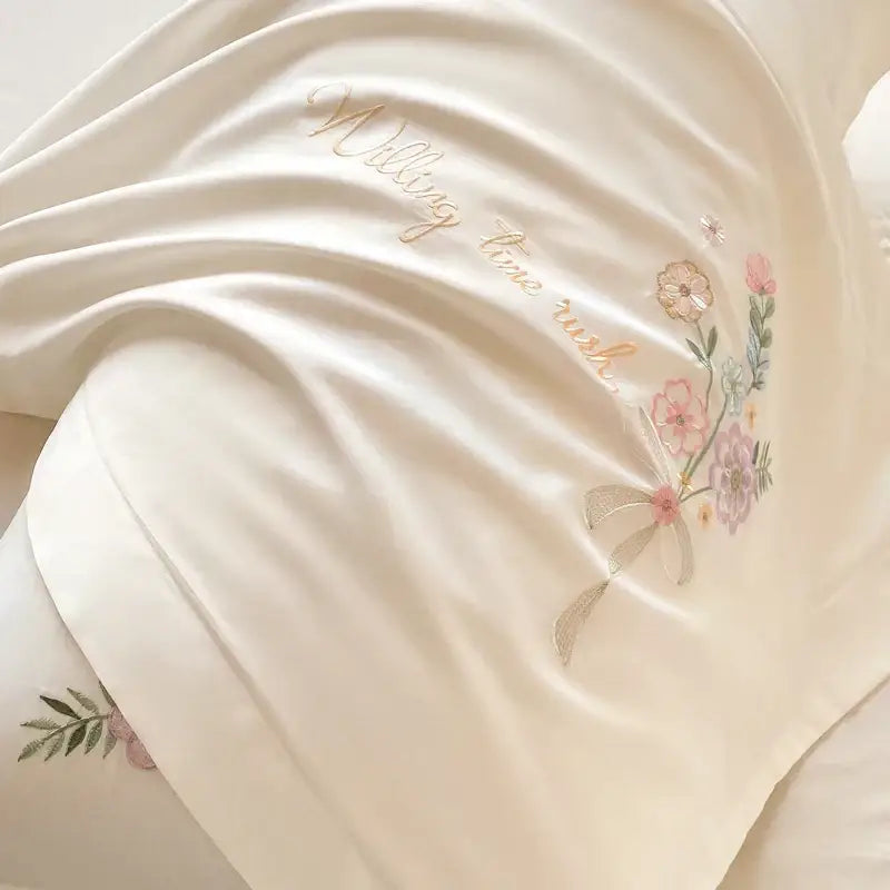 Chic flowers embroidery bedding set cream cotton bedroom duvet cover