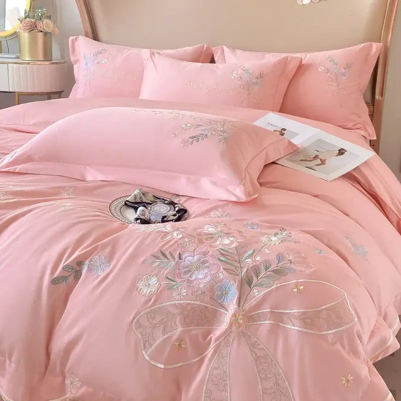 Chic flowers embroidery bedding set cream cotton bedroom duvet cover