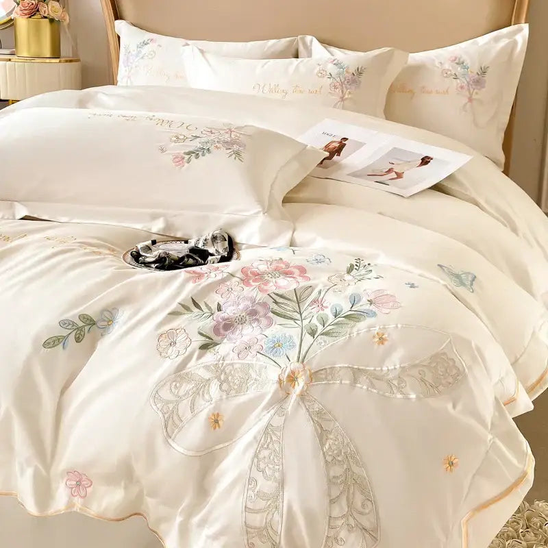 Chic flowers embroidery bedding set cream cotton bedroom duvet cover