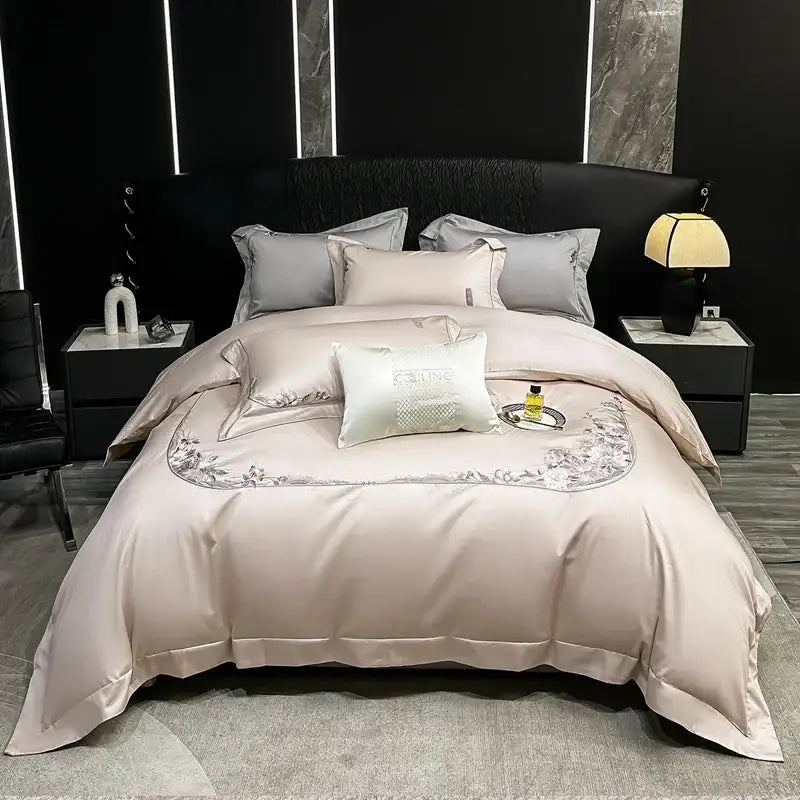Chic flowers embroidery beige satin bedding set bedroom luxury cotton