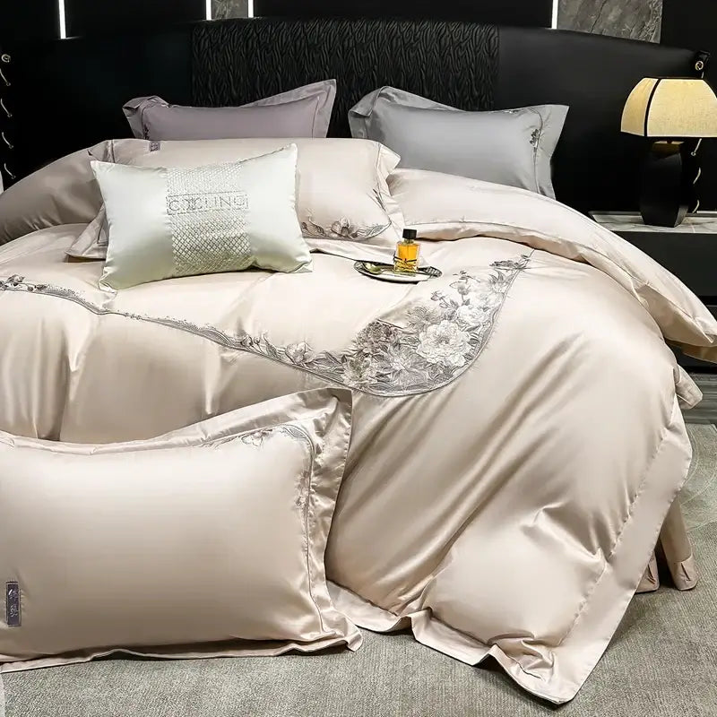 Chic flowers embroidery beige satin bedding set bedroom luxury cotton
