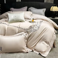 Chic flowers embroidery beige satin bedding set bedroom luxury cotton