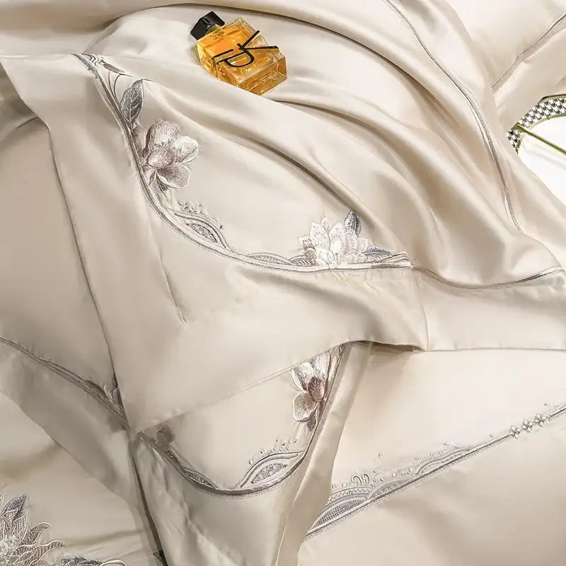Chic flowers embroidery beige satin bedding set bedroom luxury cotton