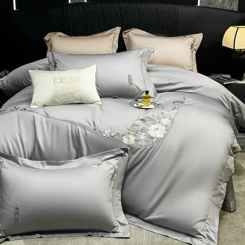 Chic flowers embroidery beige satin bedding set bedroom luxury cotton