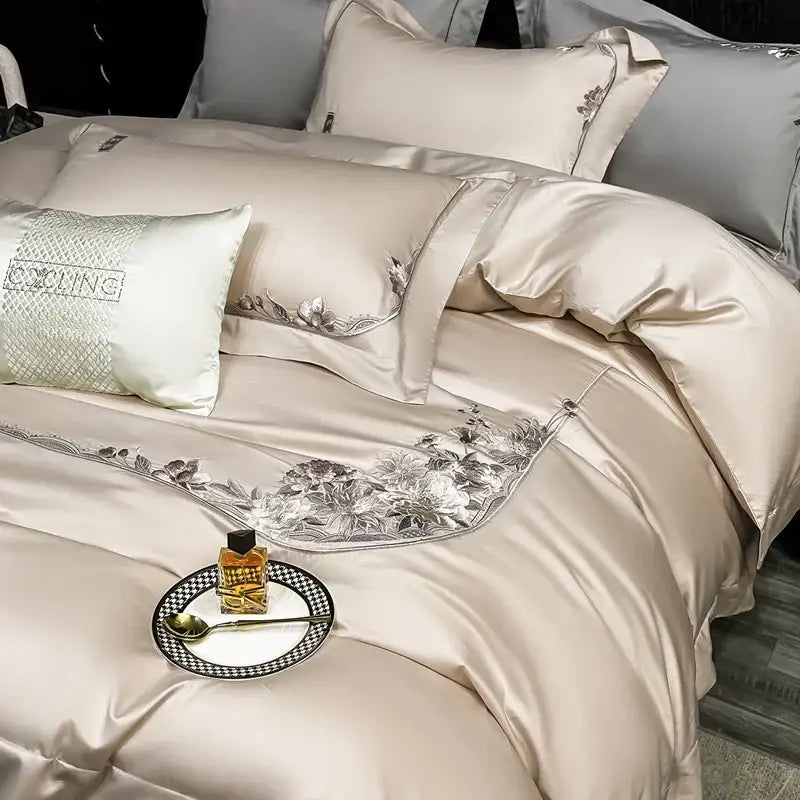 Chic flowers embroidery beige satin bedding set bedroom luxury cotton