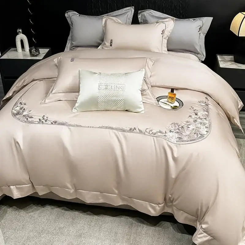 Chic flowers embroidery beige satin bedding set bedroom luxury cotton
