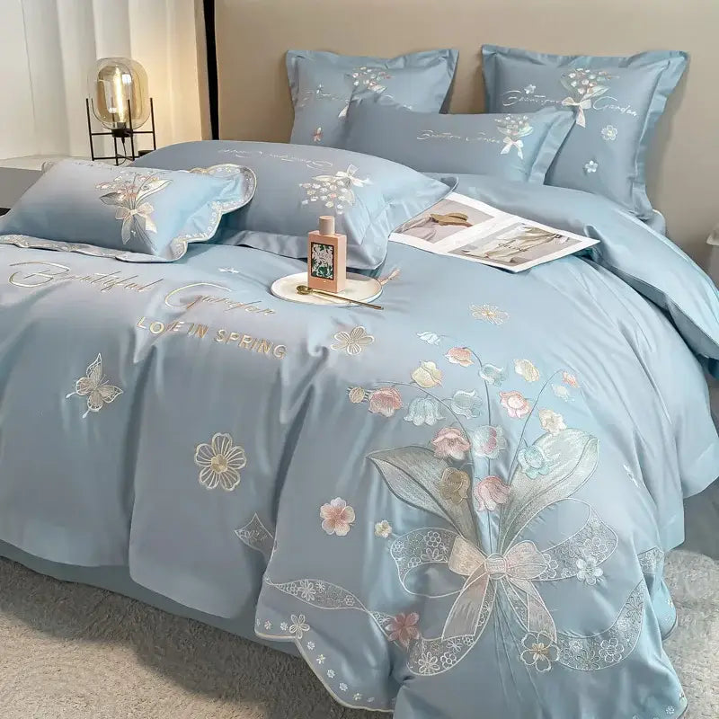 Chic flowers embroidery princess bedding set for bedroom white satin