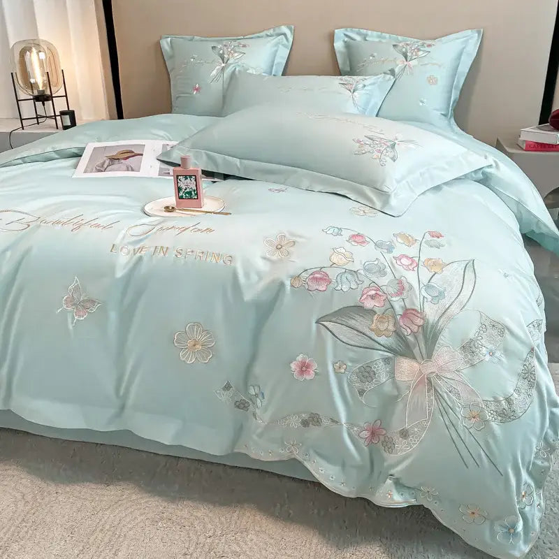 Chic flowers embroidery princess bedding set for bedroom white satin