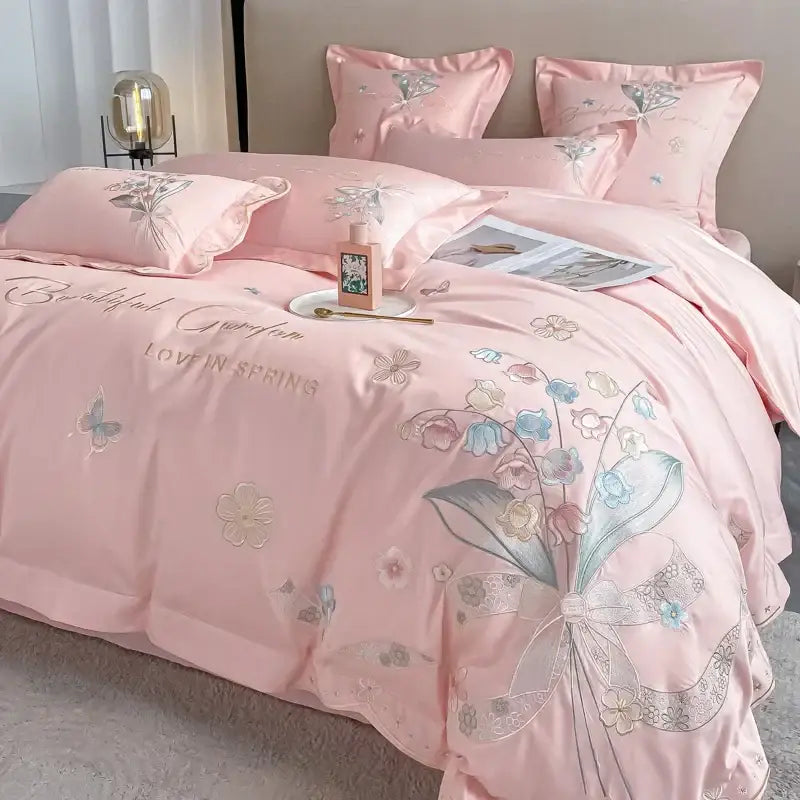 Chic flowers embroidery princess bedding set for bedroom white satin