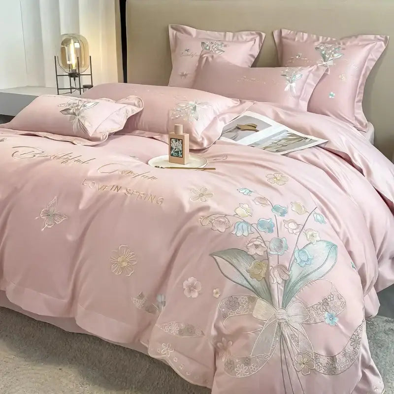 Chic flowers embroidery princess bedding set for bedroom white satin