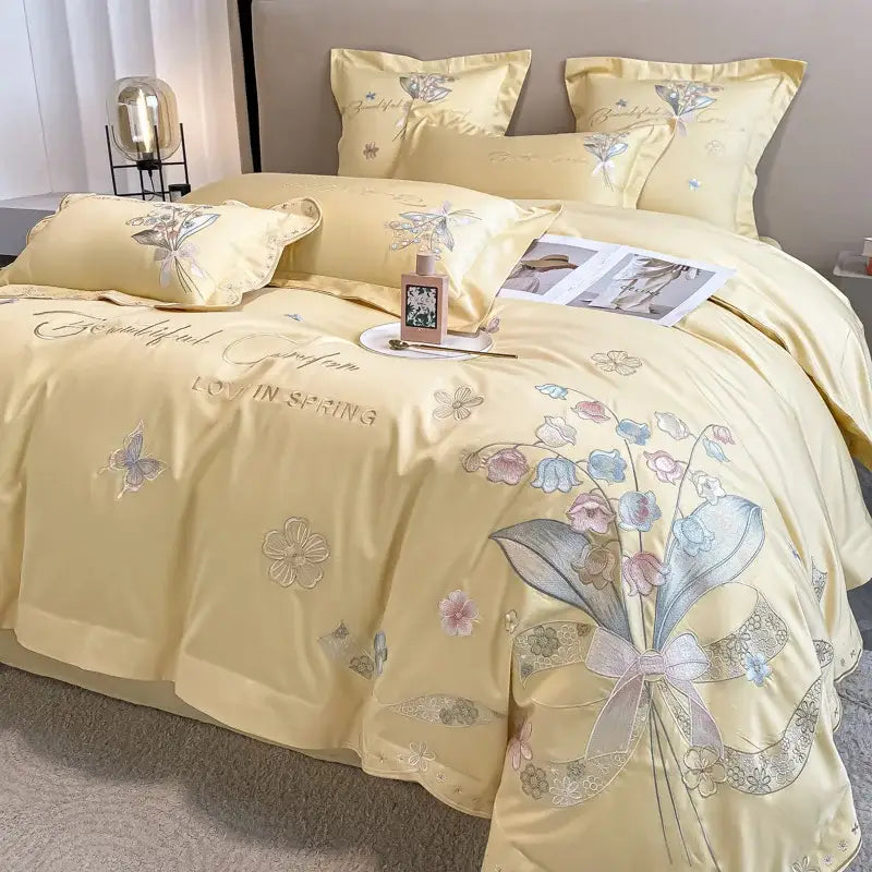Chic flowers embroidery princess bedding set for bedroom white satin
