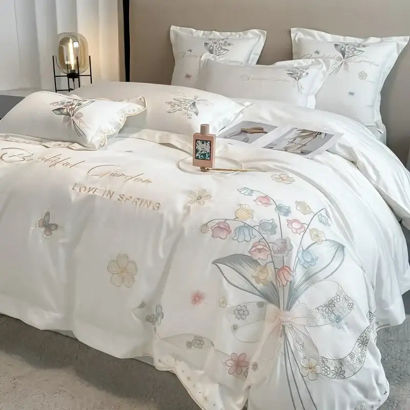 Chic flowers embroidery princess bedding set for bedroom white satin