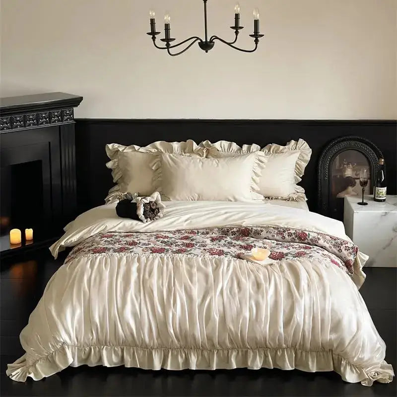 Chic cream flowers jacquard cotton bedding set for bedroom ruffles