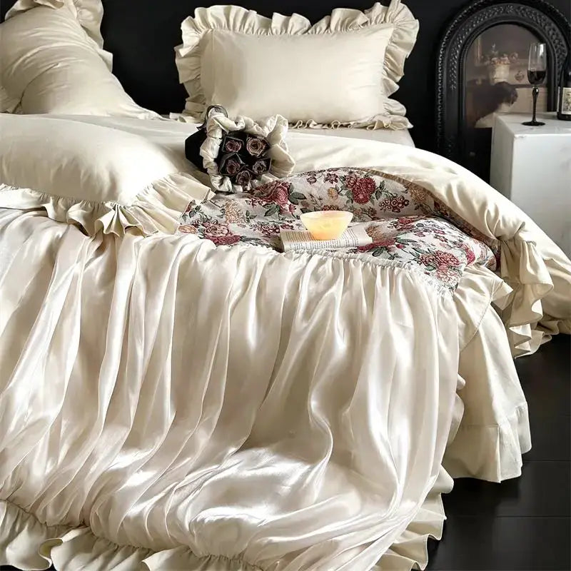 Chic cream flowers jacquard cotton bedding set for bedroom ruffles