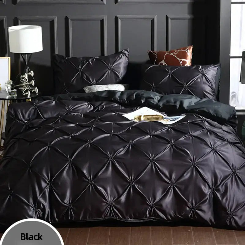 Bronze satin quilted chiffon flower duvet cover set bedroom bedding