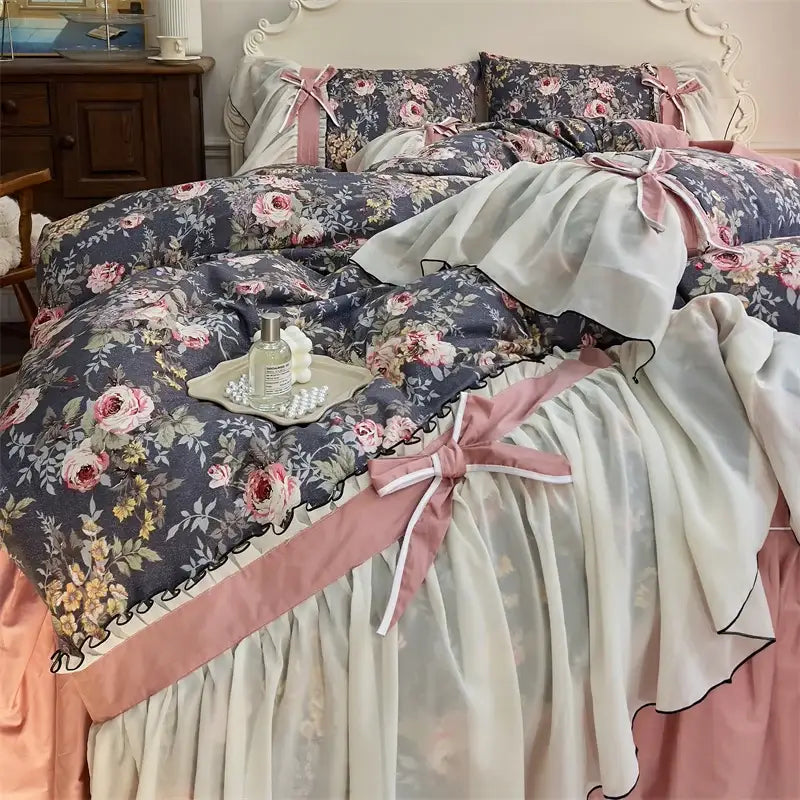 Princess pink & cream chiffon lace ruffles bedding set bedroom