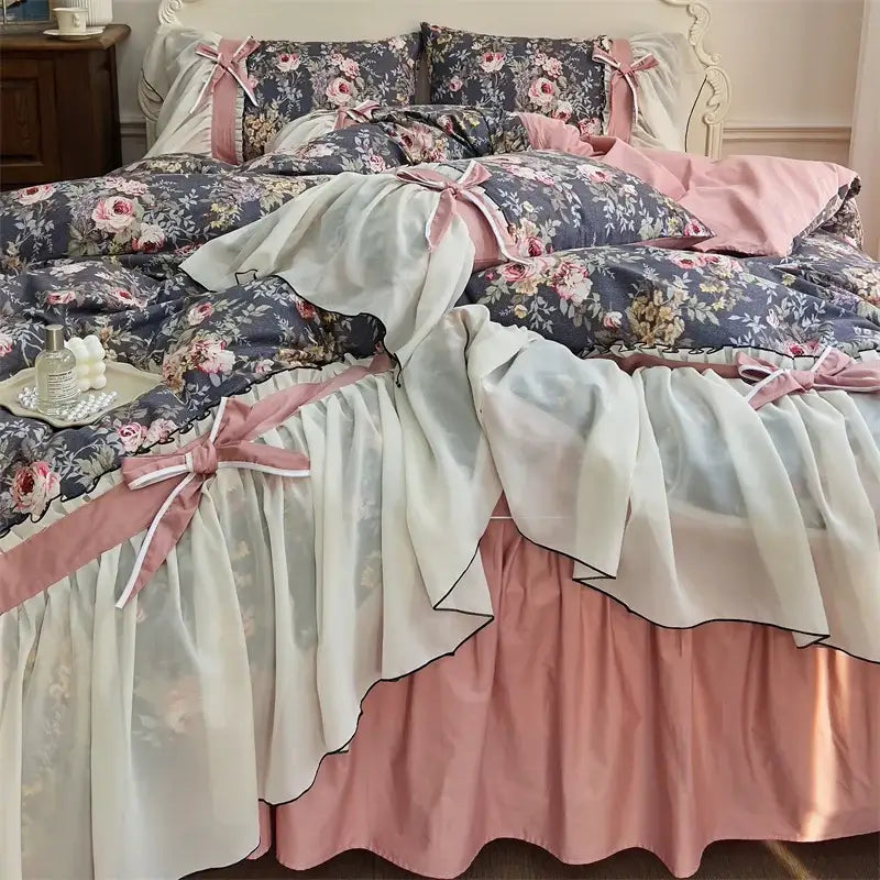Princess pink & cream chiffon lace ruffles bedding set bedroom