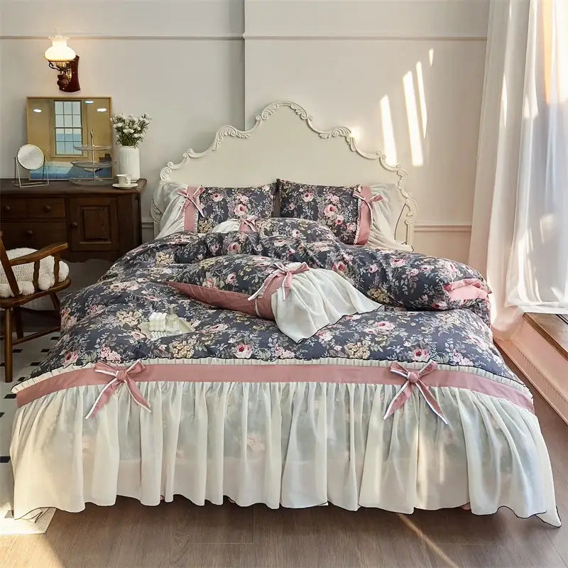 Princess pink & cream chiffon lace ruffles bedding set bedroom