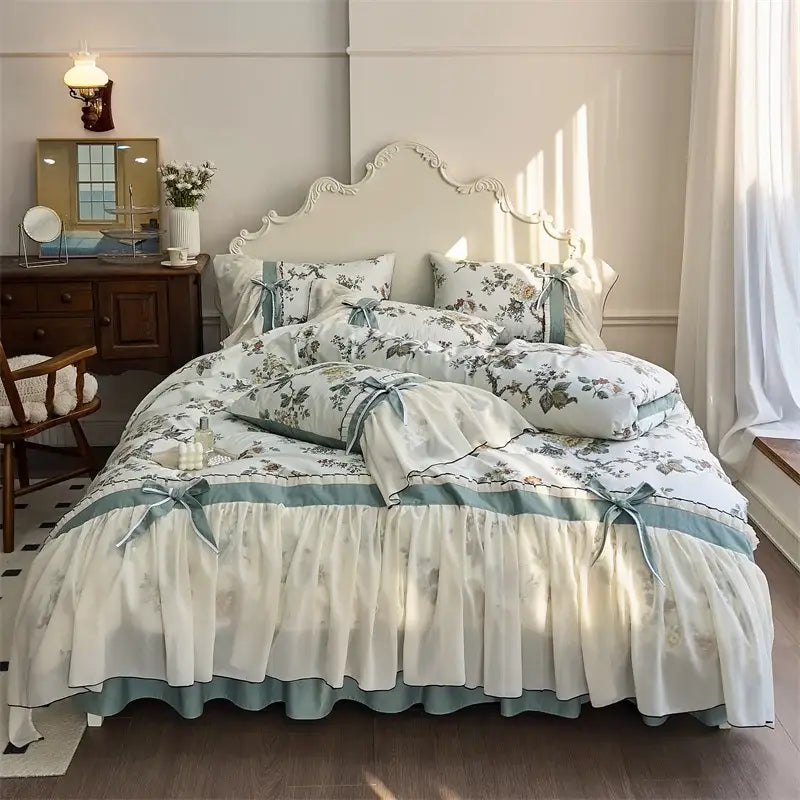 Princess pink & cream chiffon lace ruffles bedding set bedroom