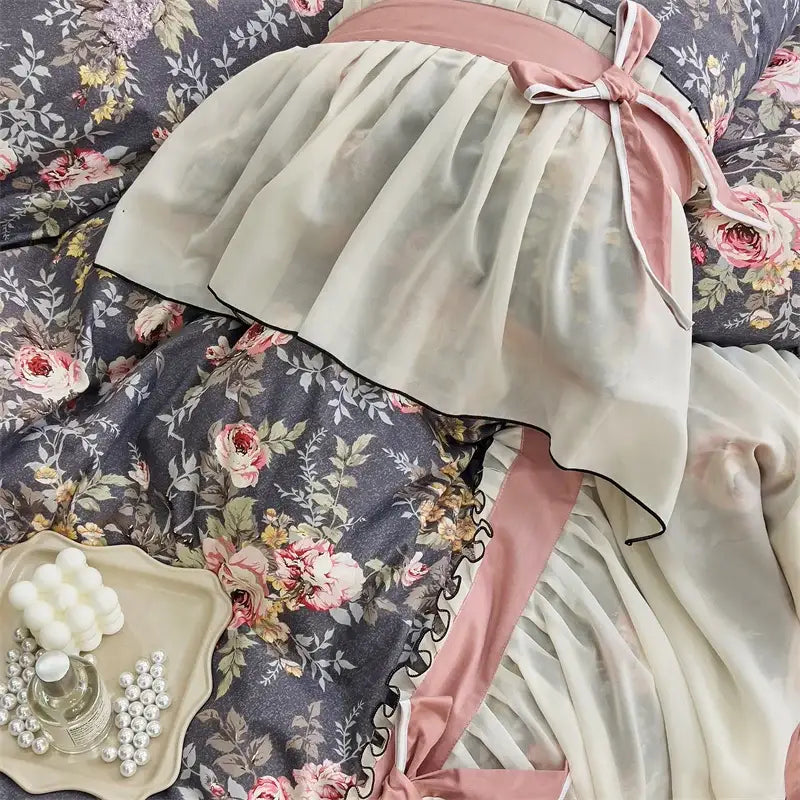 Princess pink & cream chiffon lace ruffles bedding set bedroom