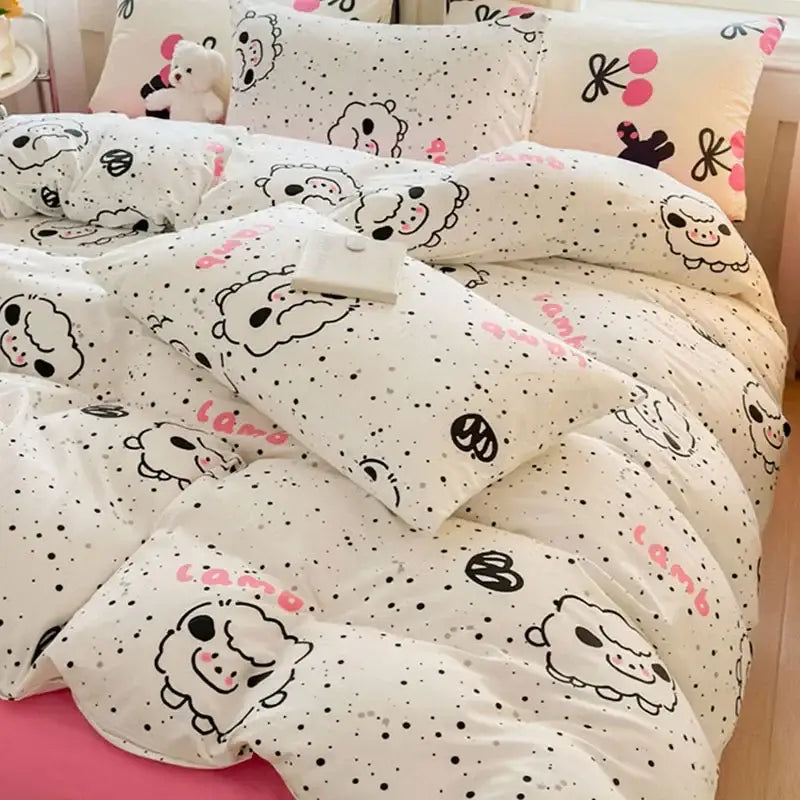 Cartoon print white & pink lamb bedding set for bedroom cozy decor